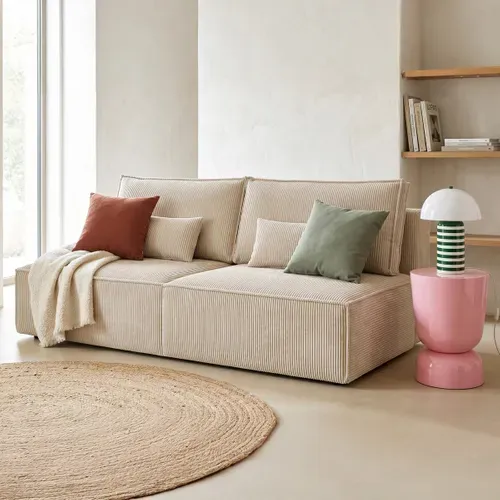 Canapé Convertible 3 Places Avec Coffre De Rangement En Velours Côtelé Beige - Milla