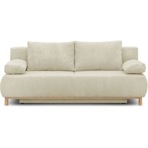 Banquette Convertible 3 Places  - Velours Côtelé Beige - Coffre De Rangement - L 192 X H 84 X P 93