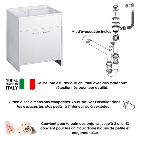 Meuble Buanderie Double Porte Pvc Avec Vasque Bac à Laver Polypropylène 80x50 Blanc