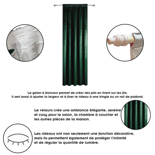 Rideau Occultant En Velours À Galon Fronceur Vert Bouteille 140x250 Cm