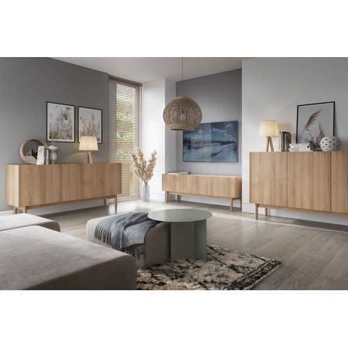 Buffet : 3 Portes, 6 Étagères, Chêne Riviera, 144 X 68 X 37 Cm