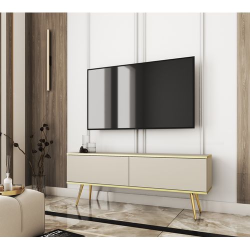 Meuble TV, Beige, Pieds Or, 135 X 32 X 53 Cm, Push To Open