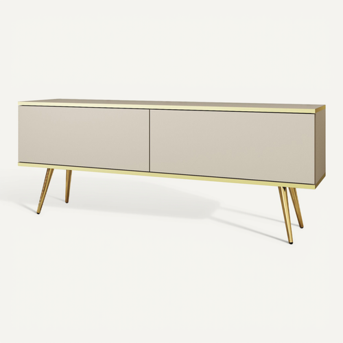 Meuble TV, Beige, Pieds Or, 135 X 32 X 53 Cm, Push To Open