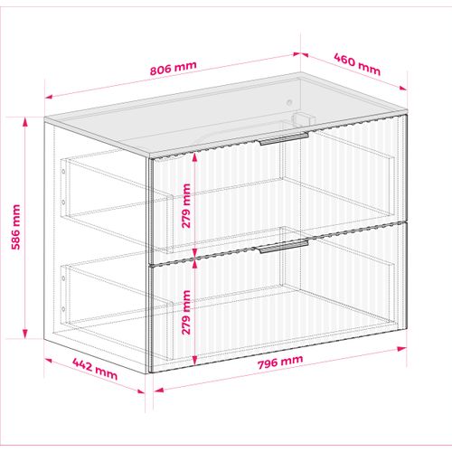 Meuble Vasque, Cachemire, 80 X 77 X 46 Cm, Poignée Noiree, Pieds Noirs + Plan De Travail