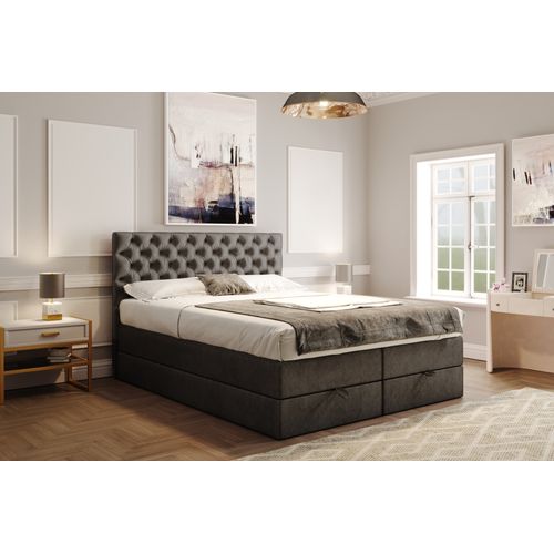 Lit Boxspring 140x200 Cm Louvre Rangement Et Matelas Ressorts Ensachés En Velours Gris Foncé