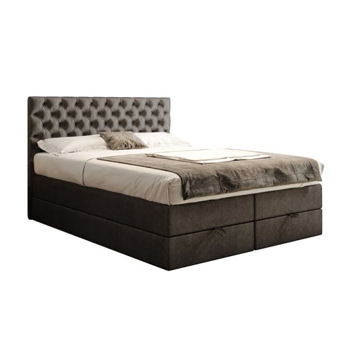 Lit Boxspring 140x200 Cm Louvre Rangement Et Matelas Ressorts Ensachés En Velours Gris Foncé