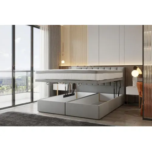Lit Adulte 200x200 Cm Bond Avec Rangement Et Matelas Ressorts Ensachés En Tissu Velours Gris