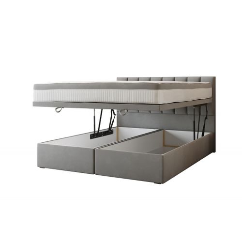 Lit Adulte 200x200 Cm Bond Avec Rangement Et Matelas Ressorts Ensachés En Tissu Velours Gris