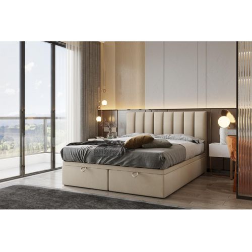 Ensemble 180x200 Cm Bond Avec Rangement Et Matelas Ressorts Ensachés En Tissu Velours Beige