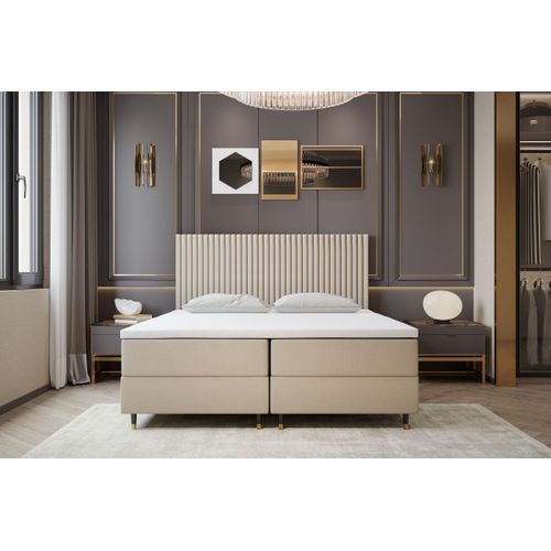 Ensemble 180x200 Cm Estepona Avec Matelas Ressorts Intégrés, Rangement, Surmatelas En Velours Beige