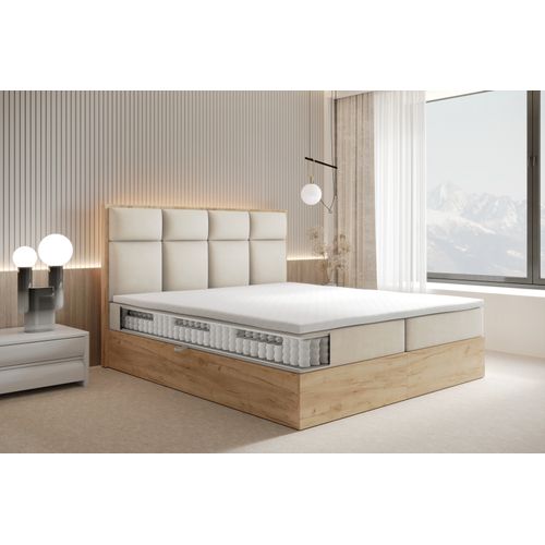 Lit Adulte 180x200 Cm Selva Rangement Matelas Ressorts Ensachés Et Surmatelas En Velours Crème