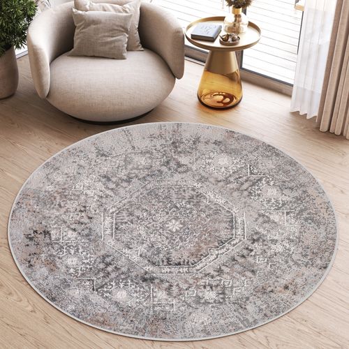 Valley Rond Tapis Poil Court Vintage Beige Gris Clair 100x100cm