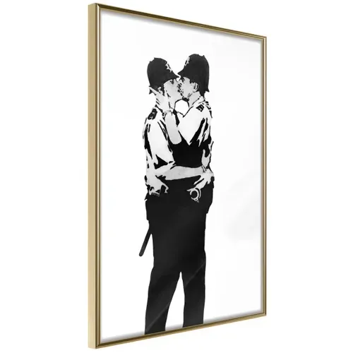 Affiche Murale Encadrée "banksy Kissing Coppers I" 30 X 42 Cm Doré