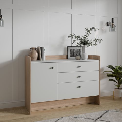 Commode 1 porte 3 tiroirs VICTORIA imitation chêne et blanc