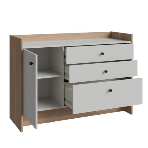 Commode 1 porte 3 tiroirs VICTORIA imitation chêne et blanc