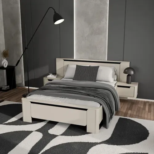 Lit 140x190 cm chevets VICTOR suspendus couleur sable