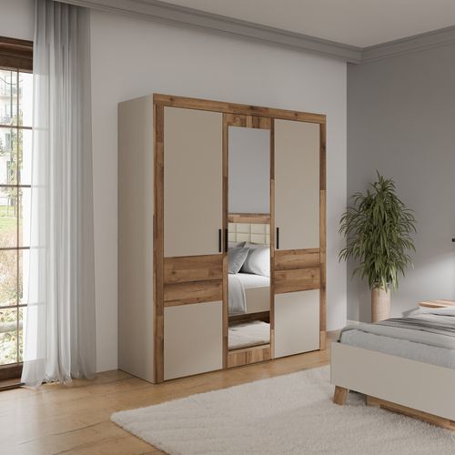 Armoire 3 portes battantes RICCIANO imitation chêne et grège