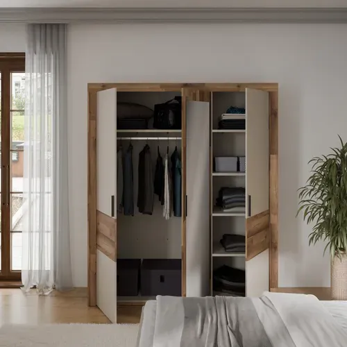 Armoire 3 portes battantes RICCIANO imitation chêne et grège