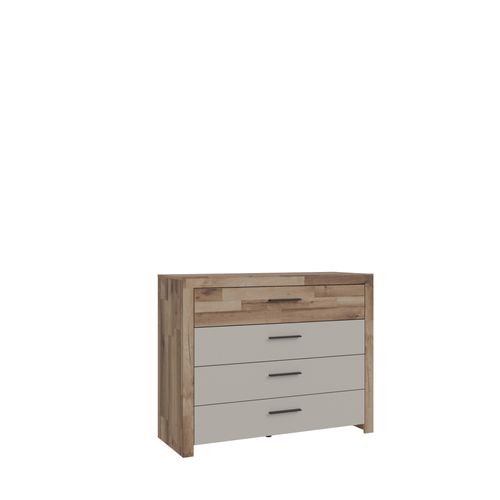 Commode 4 doubles tiroirs RICCIANO imitation chêne et grège