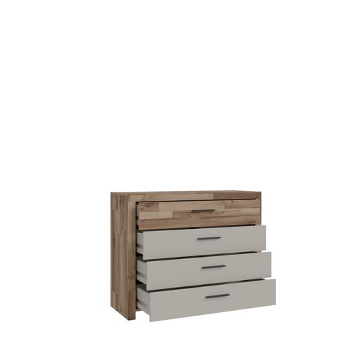 Commode 4 doubles tiroirs RICCIANO imitation chêne et grège