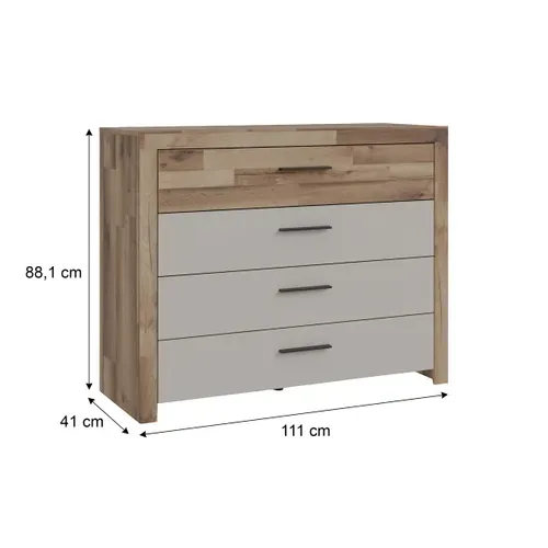 Commode 4 doubles tiroirs RICCIANO imitation chêne et grège