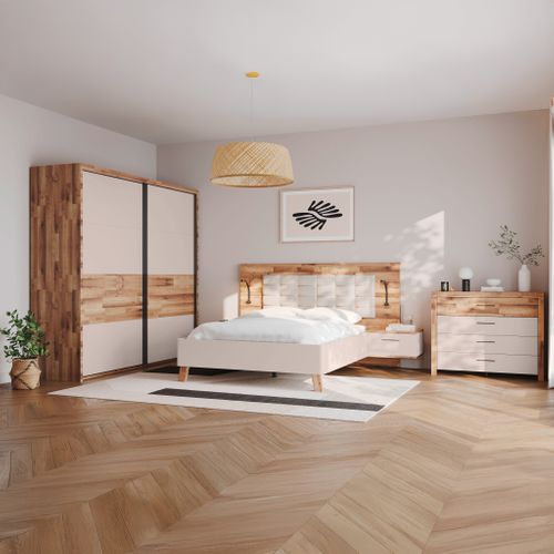 Lit 140x190cm chevets intégrés RICCIANO imitation chêne et grège vue d'ambiance 1
