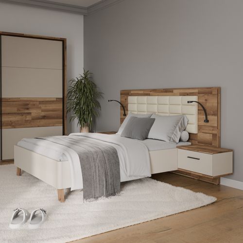 Lit 140x190cm chevets intégrés RICCIANO imitation chêne et grège