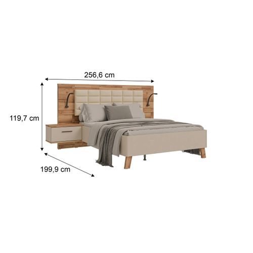 Lit 140x190cm chevets intégrés RICCIANO imitation chêne et grège