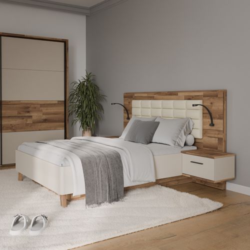 Lit coffre 140x190cm chevets RICCIANO imitation chêne et grège