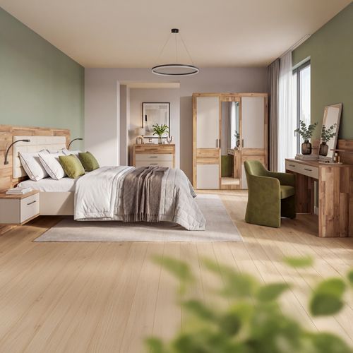Lit coffre 140x190cm chevets RICCIANO imitation chêne et grège