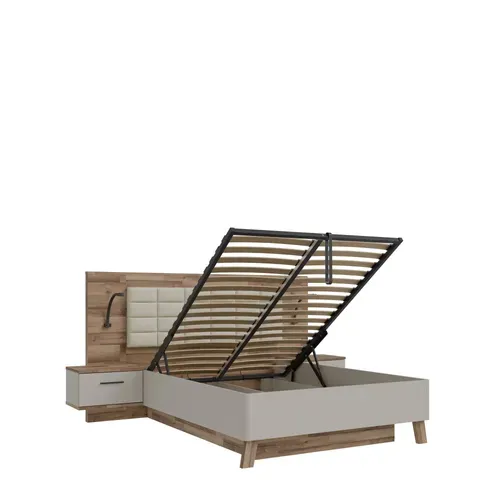 Lit coffre 140x190cm chevets RICCIANO imitation chêne et grège