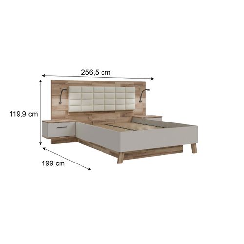 Lit coffre 140x190cm chevets RICCIANO imitation chêne et grège