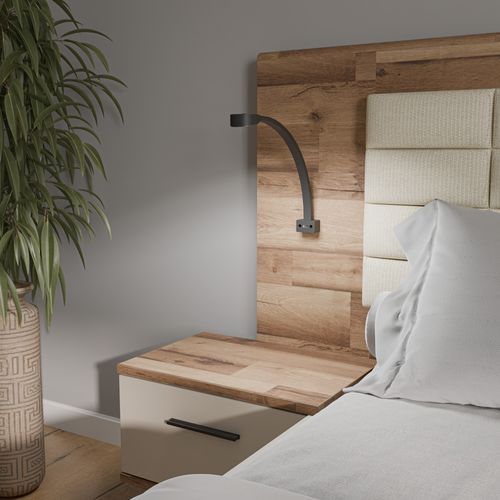 Lit 160x200cm chevets intégrés RICCIANO imitation chêne et grège