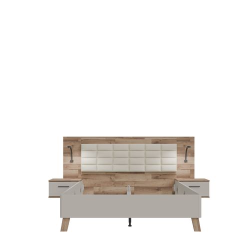 Lit 160x200cm chevets intégrés RICCIANO imitation chêne et grège