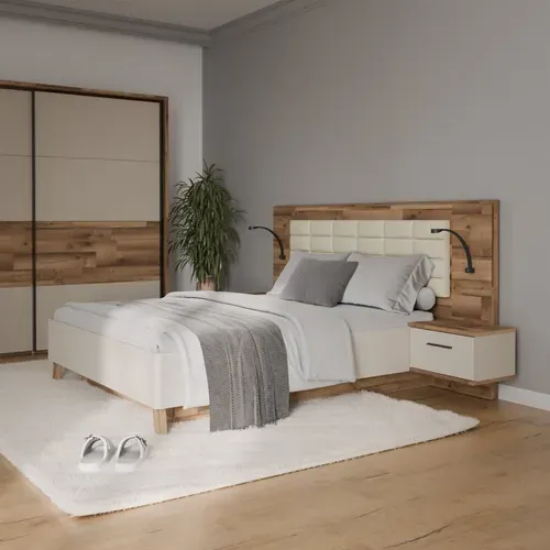 Lit coffre 160x200cm chevets RICCIANO imitation chêne et grège vue d'ambiance 1