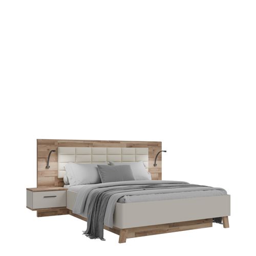 Lit coffre 160x200cm chevets RICCIANO imitation chêne et grège