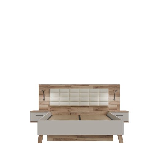 Lit coffre 160x200cm chevets RICCIANO imitation chêne et grège vue de face