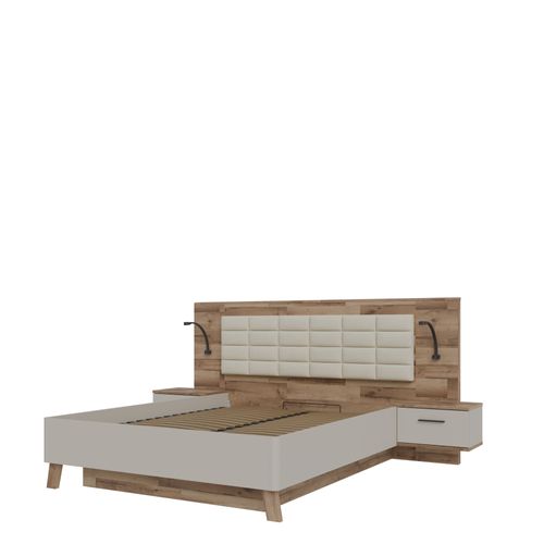 Lit coffre 160x200cm chevets RICCIANO imitation chêne et grège vue de profil