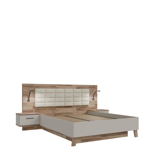 Lit coffre 160x200cm chevets RICCIANO imitation chêne et grège vue 3/4