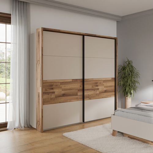 Armoire 2 portes coulissantes RICCIANO imitation chêne et grège vue d'ambiance 1