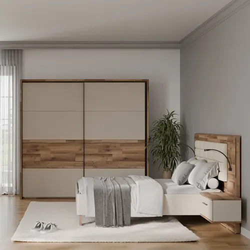 Armoire 2 portes coulissantes RICCIANO imitation chêne et grège
