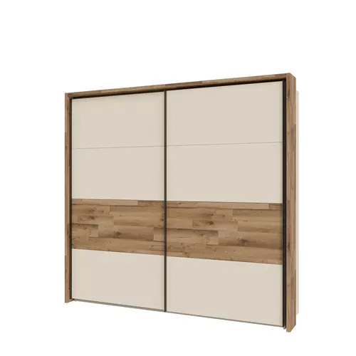 Armoire 2 portes coulissantes RICCIANO imitation chêne et grège vue de profil