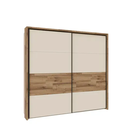 Armoire 2 portes coulissantes RICCIANO imitation chêne et grège vue 3/4