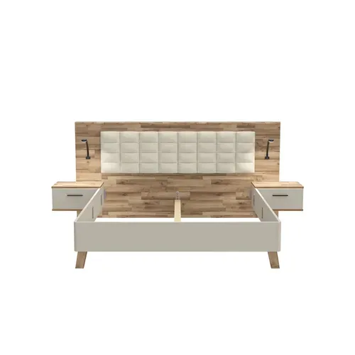 Lit 180x200cm chevets intégrés RICCIANO imitation chêne et grège