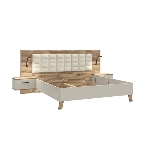 Lit 180x200cm chevets intégrés RICCIANO imitation chêne et grège