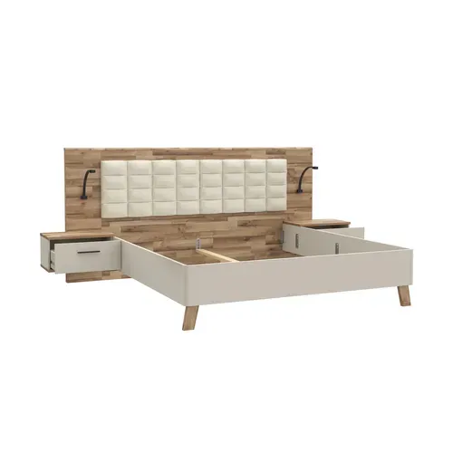 Lit 180x200cm chevets intégrés RICCIANO imitation chêne et grège