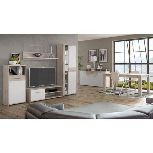 Gulada Ensemble Meuble Télé - 170cm - Table à Manger 160cm - Contemporain - Blanc Et Décor Chene