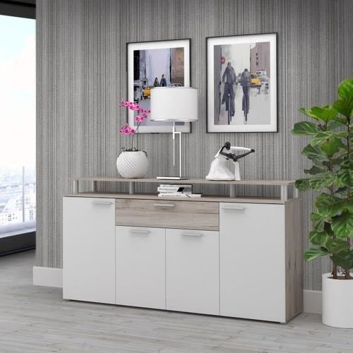Gulada Ensemble Meuble Télé - 170cm - Table à Manger 160cm - Contemporain - Blanc Et Décor Chene