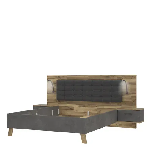 Lit 160x200cm chevets intégrés RICCIANO imitation chêne béton gris vue de profil