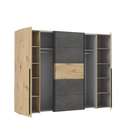 Armoire - Décor Chene Artisan Et Béton Gris - 2 Portes Battantes + 2 Portes Coulissantes - L 270,3
